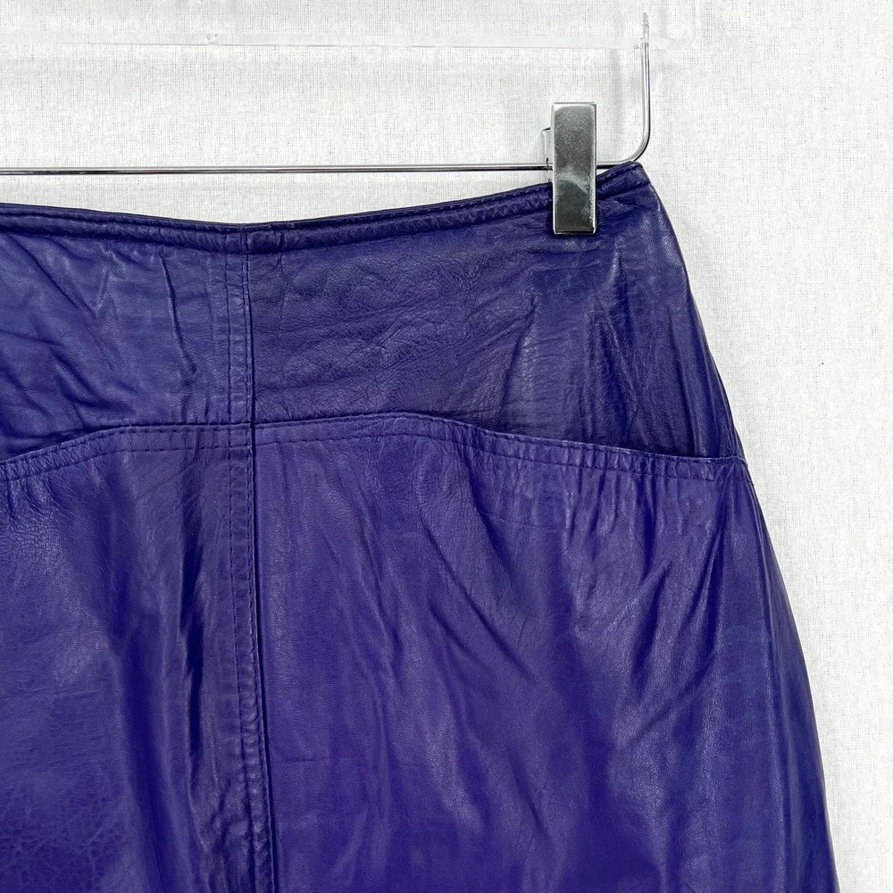 BAGATELLE Vintage 80’s Leather Pencil Skirt Womens 10 Purple Knee Length Pockets